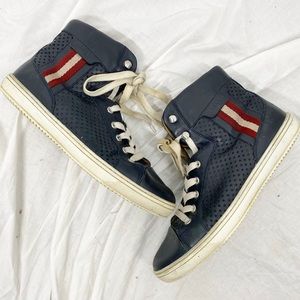 BALLY OLIR navy blue leather perforated high-top sneakers